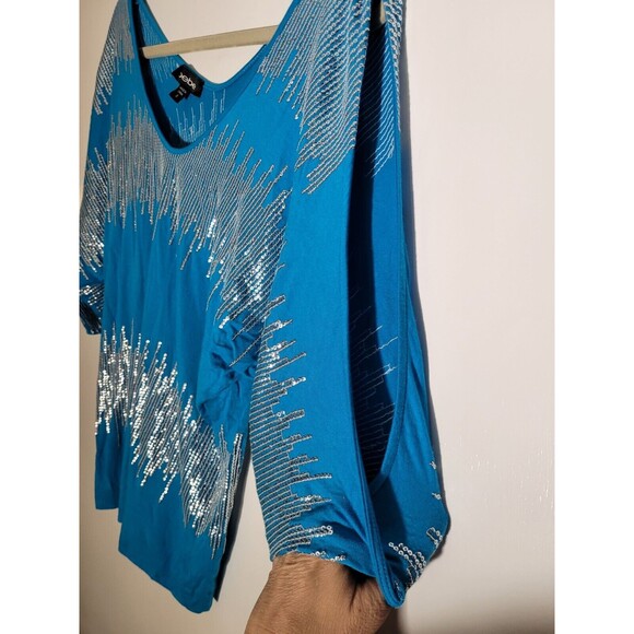 Vintage Y2K 00s Bebe Small S Teal Sequin Embellished Bling Cold Shoulder Top - Picture 4 of 8